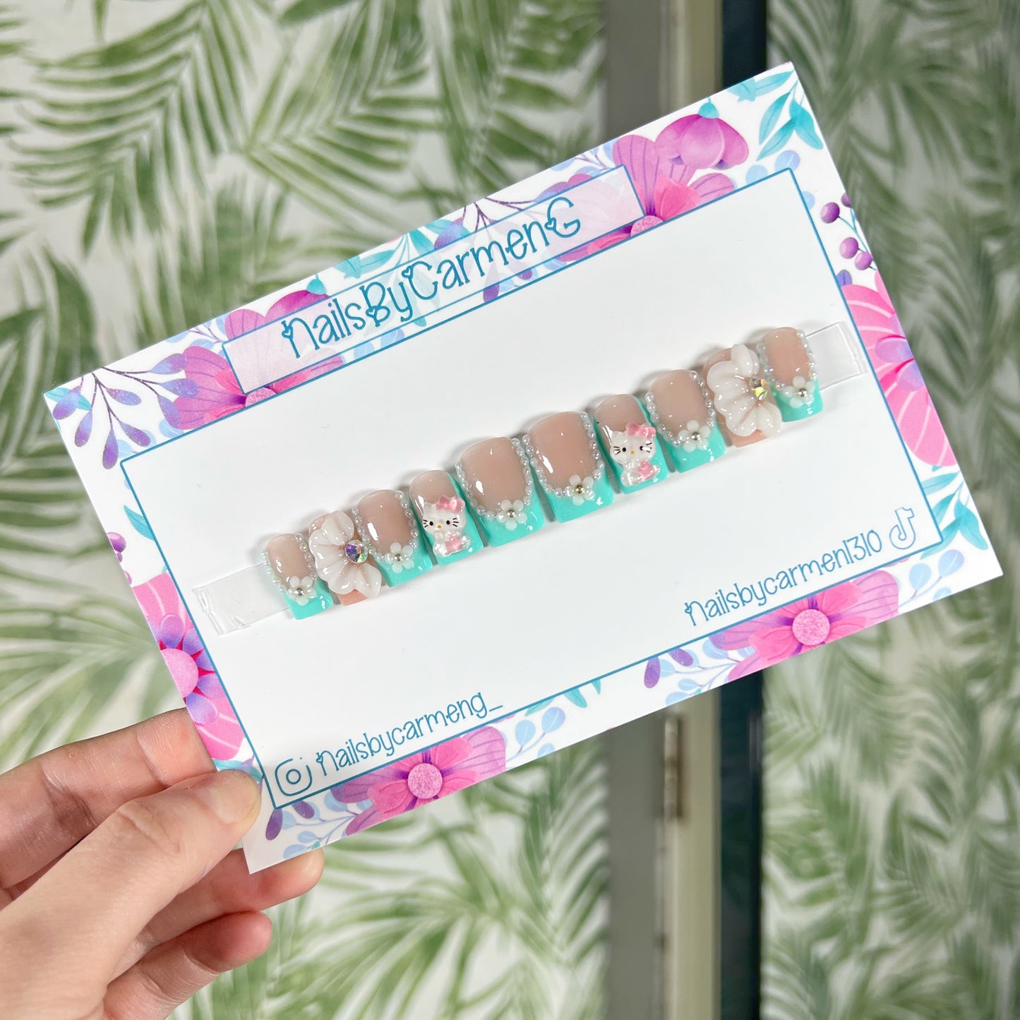 3D Teal Hello Kitty Acrylic Press on nails