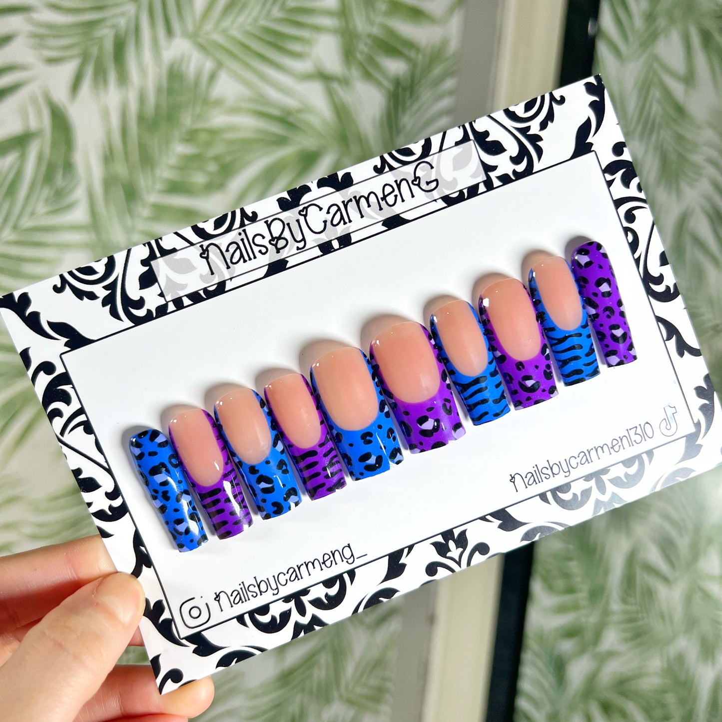 Blue and purple animal print French Tip Acrylic Press on nails