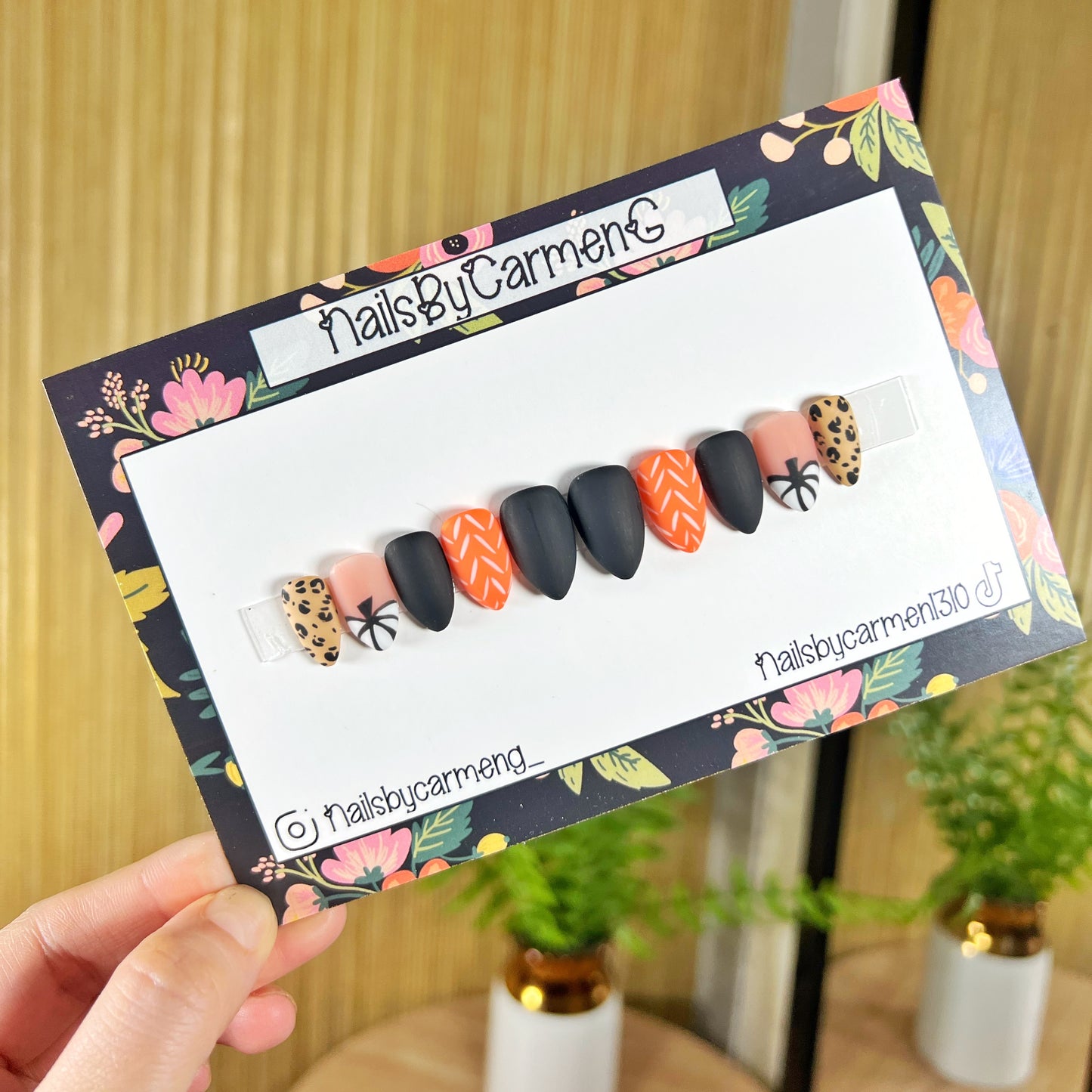 Pumpkin cheetah French tip Acrylic Press on nails