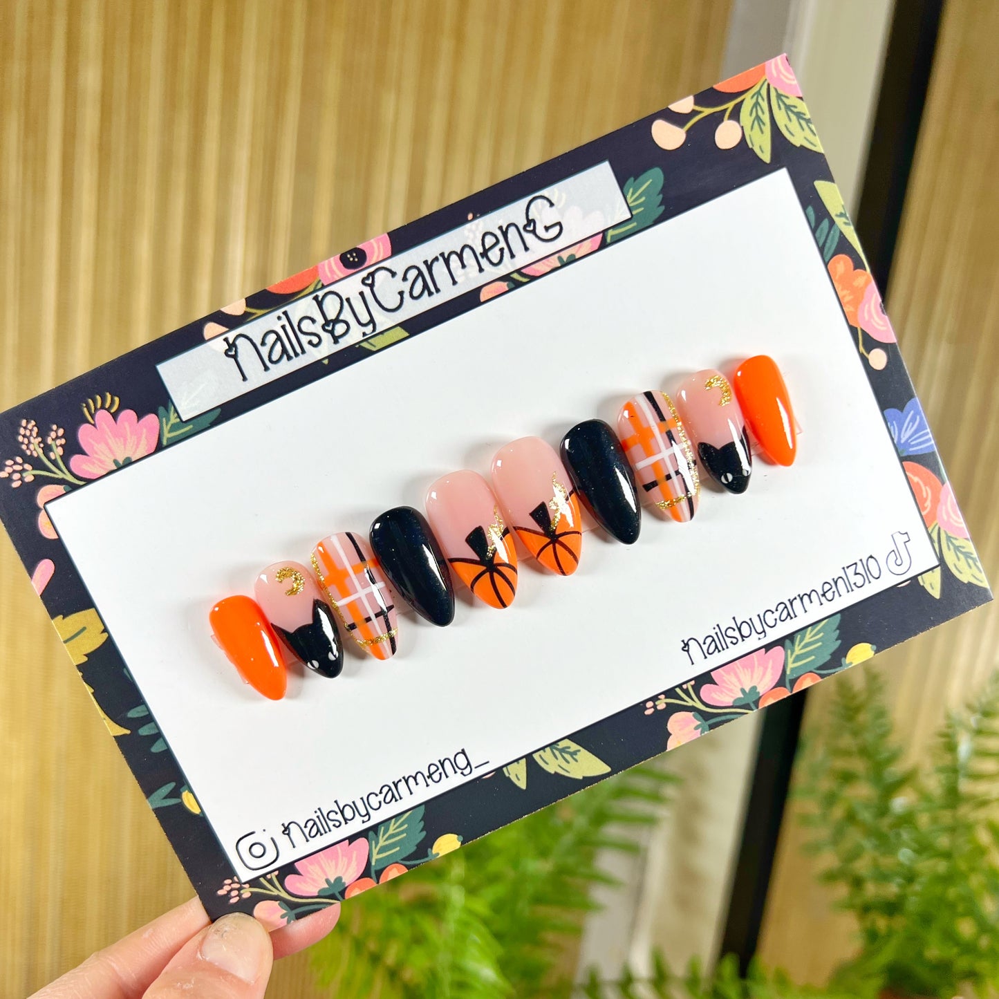 Pumpkin and cat French tip Acrylic Press on nails