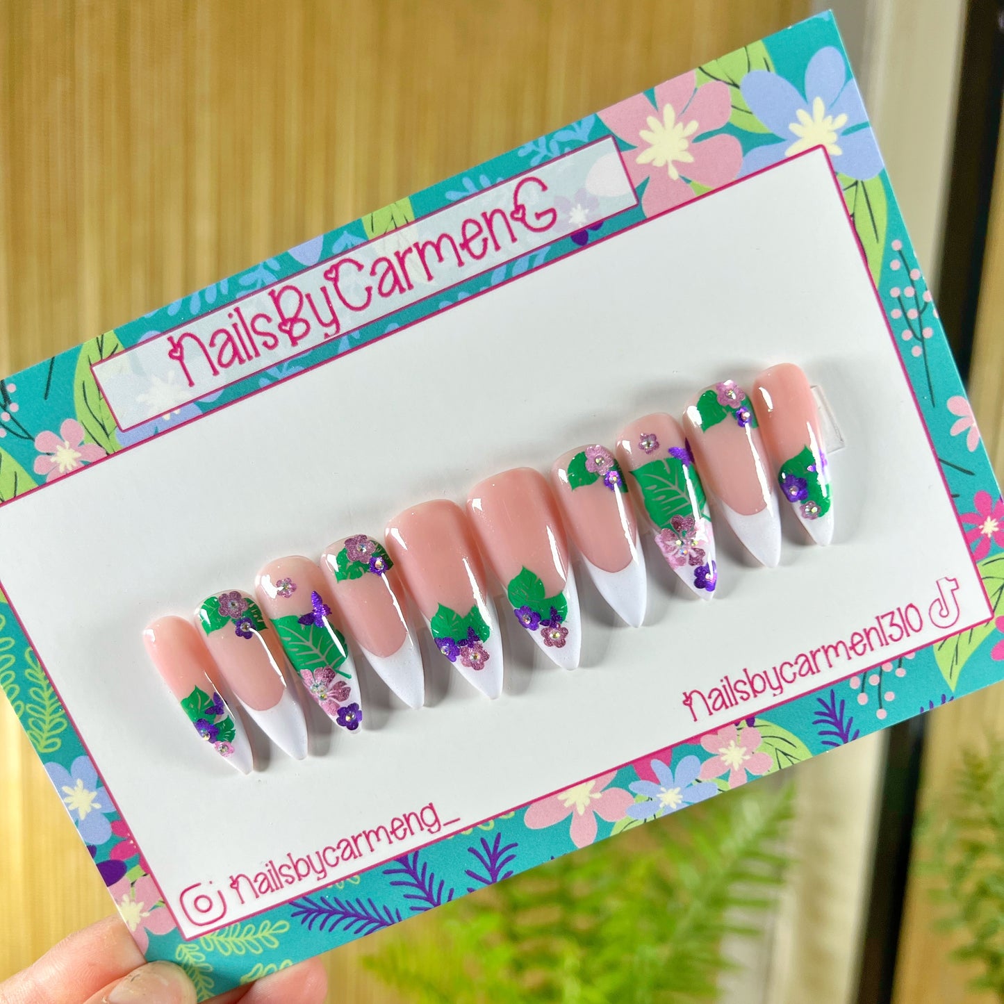 Butterfly and hibiscus French tip Acrylic Press on nails