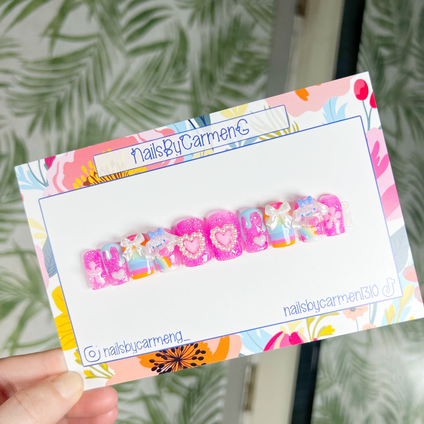 Cinnamo bows and pearls charms Acrylic Press on nails