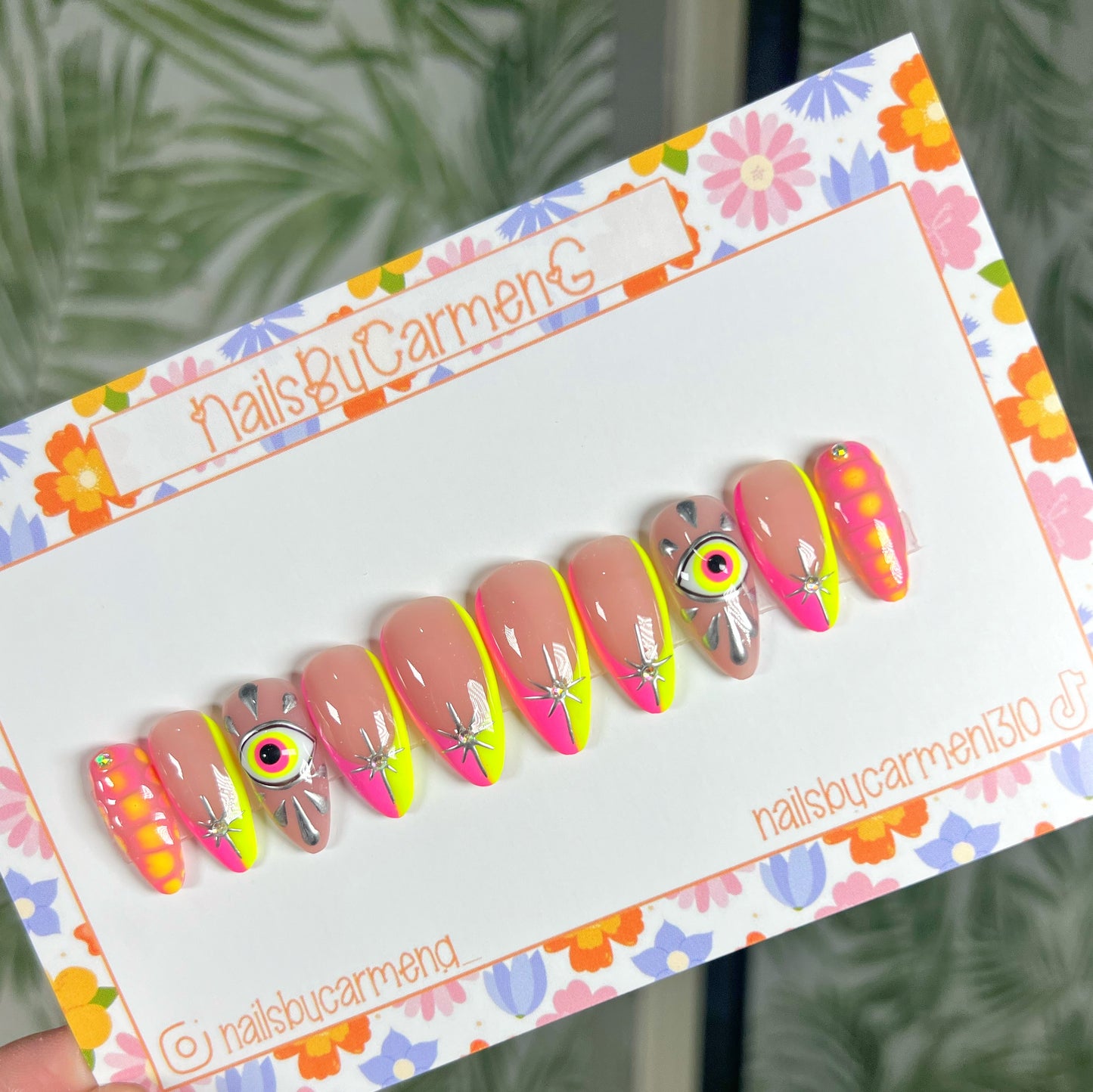 Neon pink and yellow evil eye French tip Acrylic Press on nails