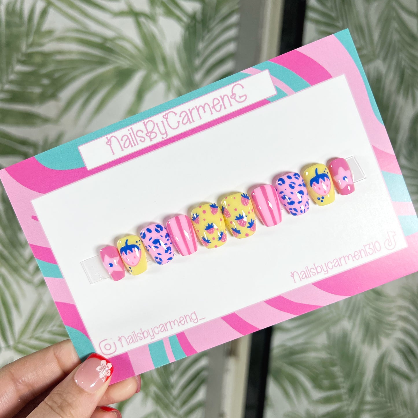 Strawberry summer cheetah print Acrylic Press on nails