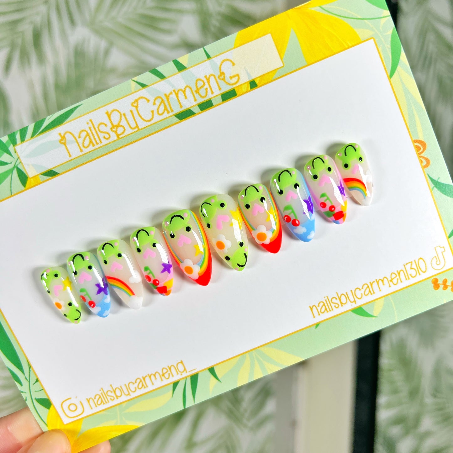 Rainbow Frogs French Tip Acrylic Press On Nails