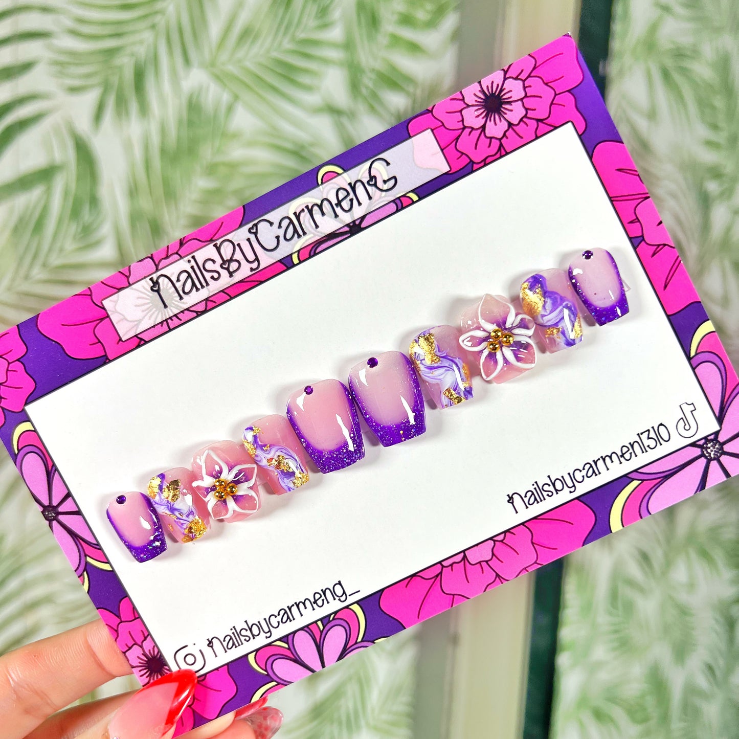 Purple glitter 3D flower Acrylic Press on nails