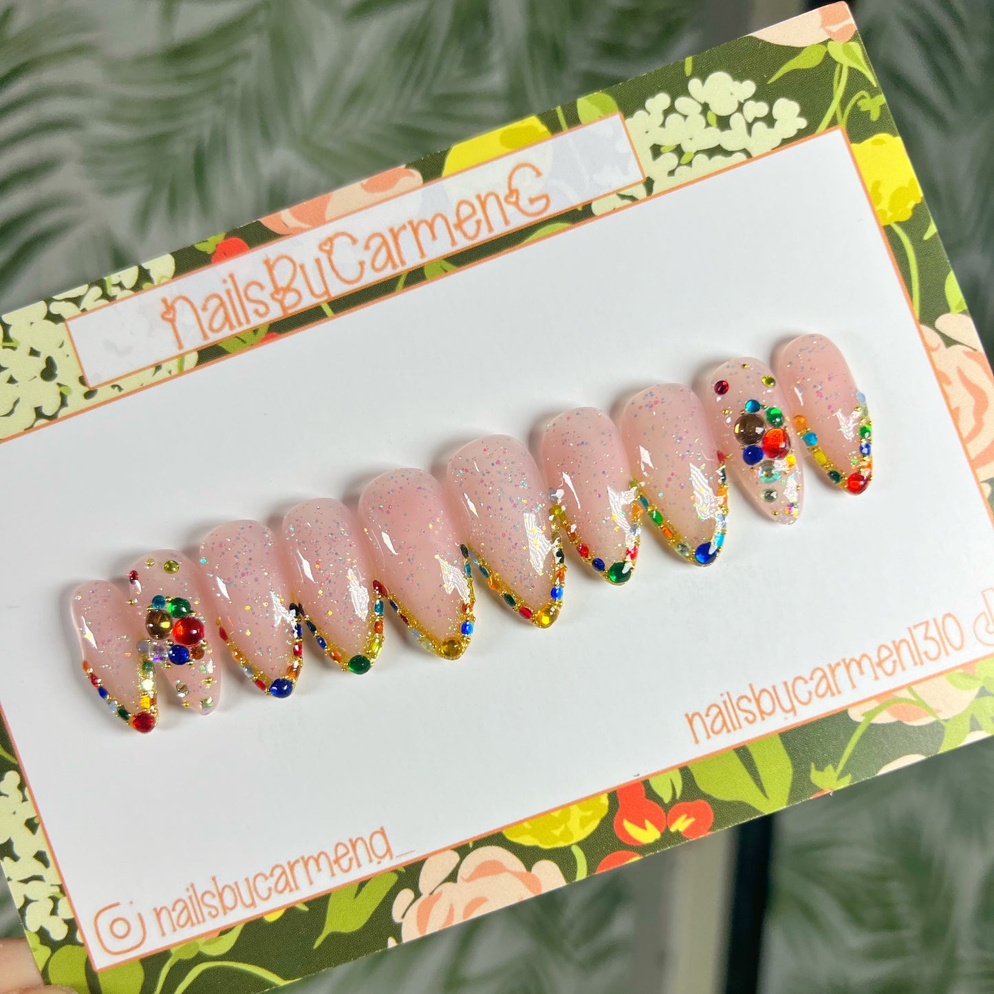 Colorful gold rhinestone French tip Acrylic Press on nails