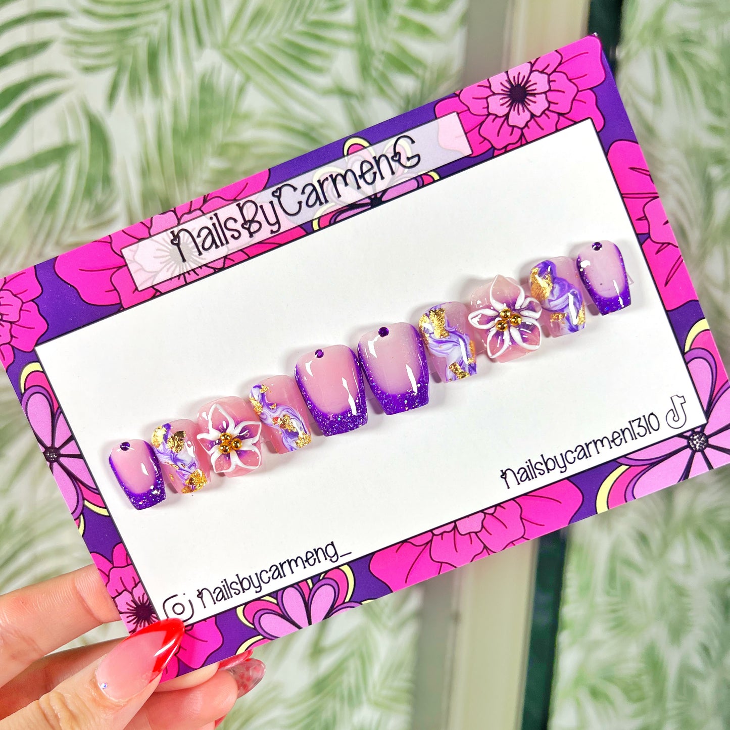 Purple glitter 3D flower Acrylic Press on nails