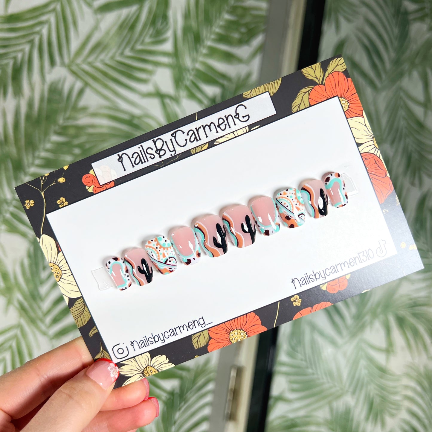 Teal Western cactus Acrylic Press on nails