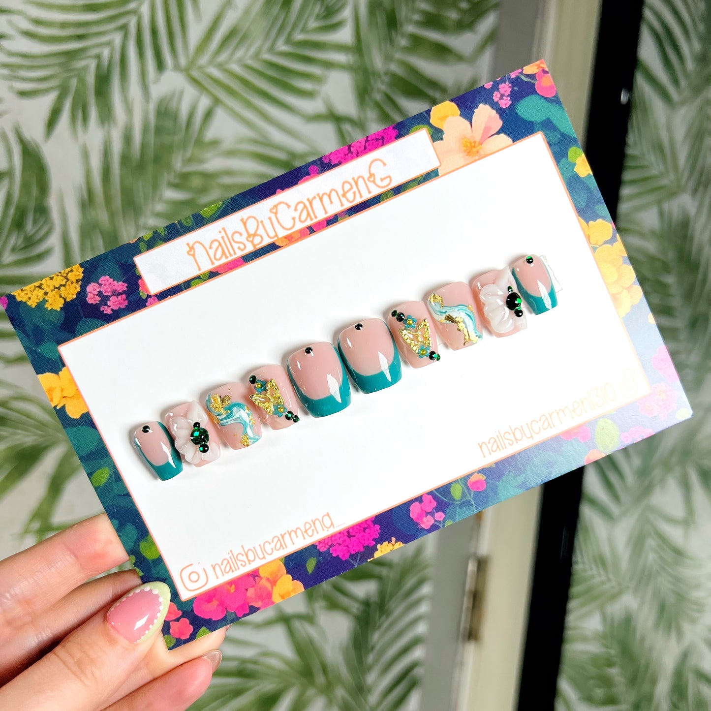 Green marble 3D flower Acrylic Press on nails