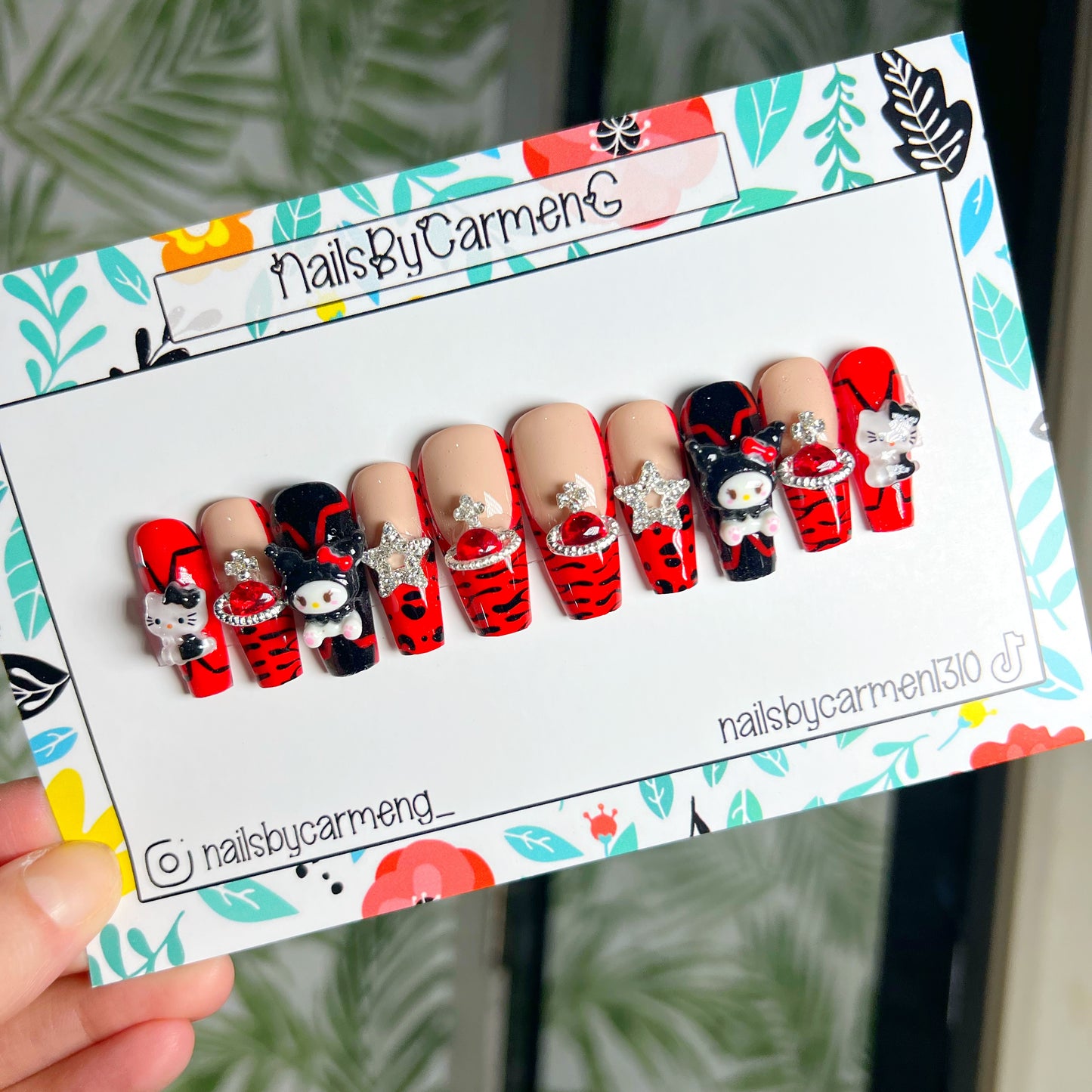 Red French tip with charms Acrylic Press on nails