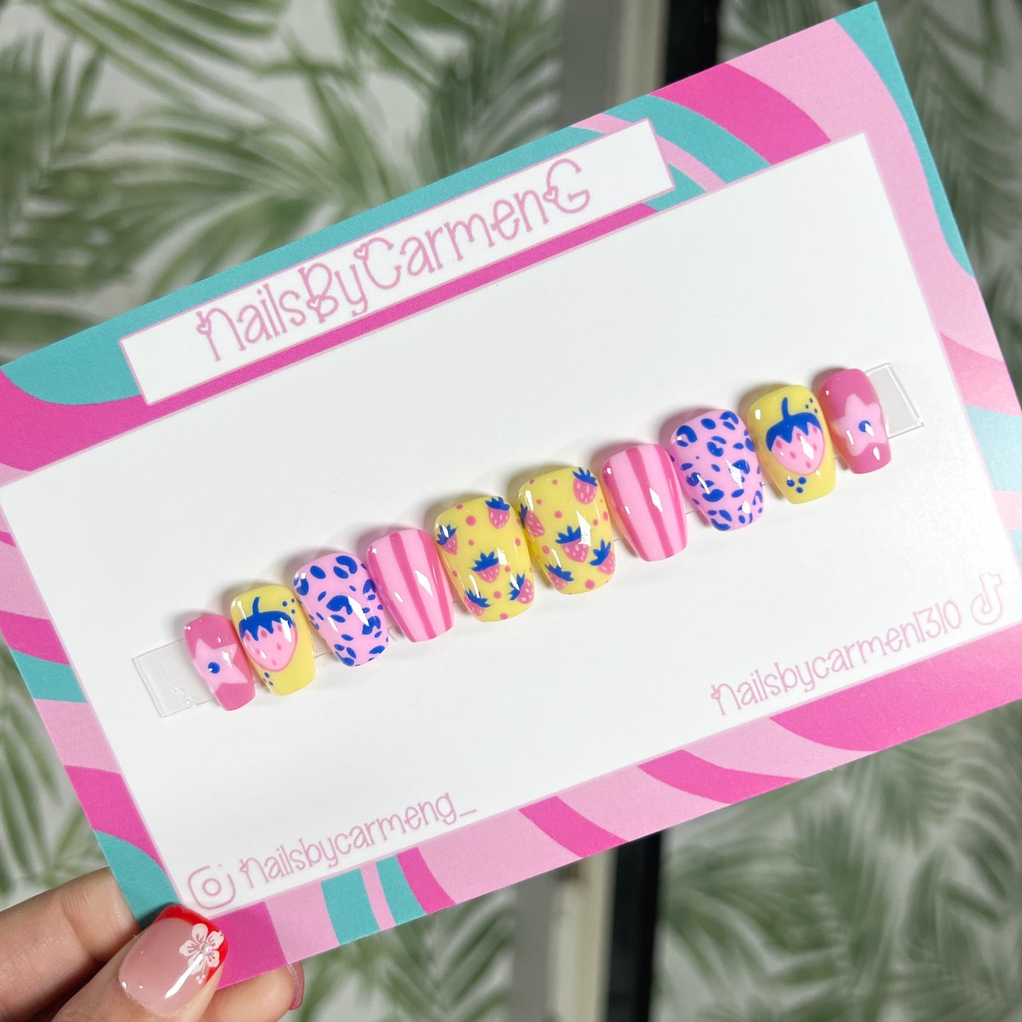Strawberry summer cheetah print Acrylic Press on nails