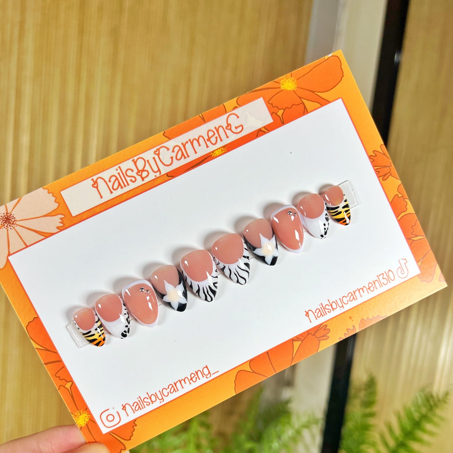 Flower animal print French tip Acrylic Press on nails