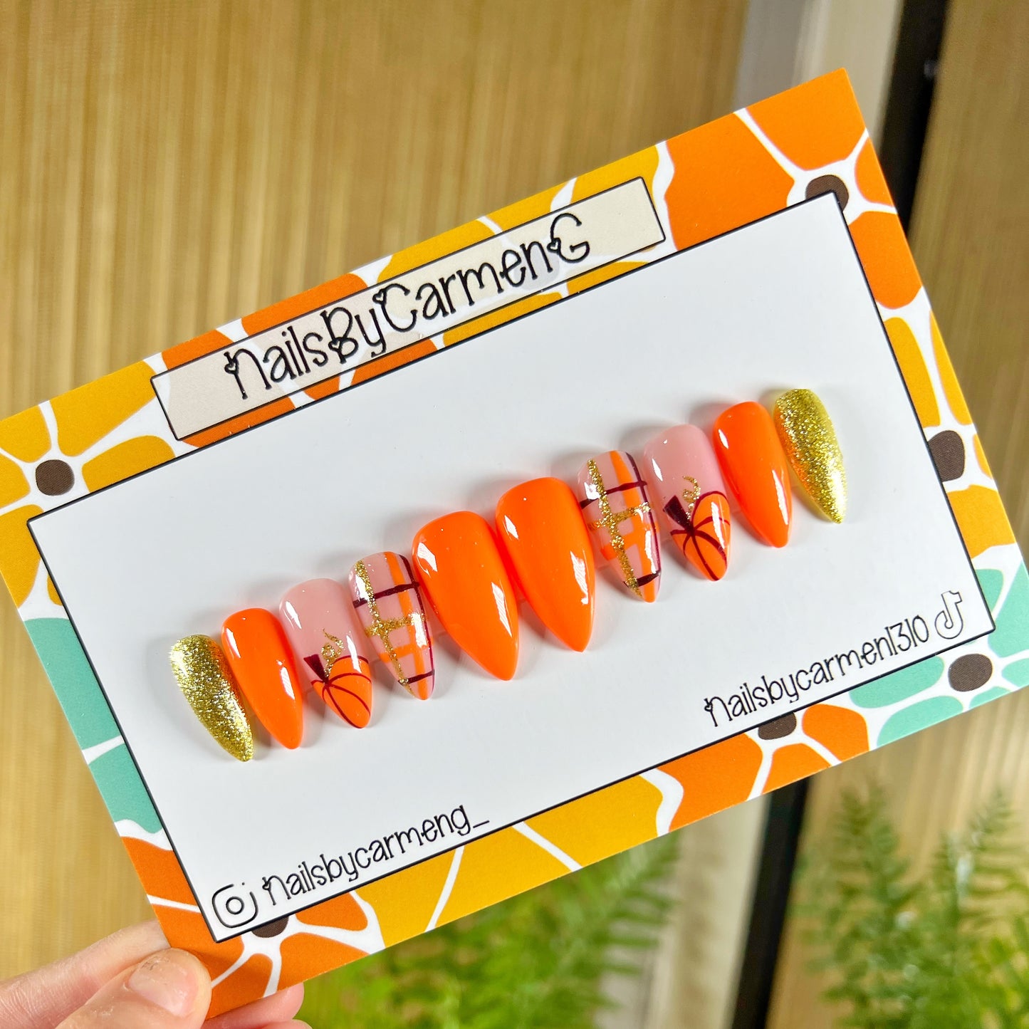 Pumpkin plaid French tip Acrylic Press on nails