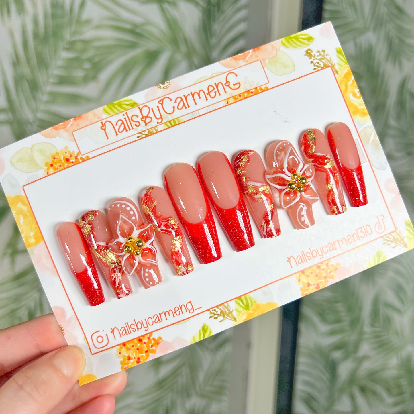 Red glitter 3D flower Acrylic Press on nails