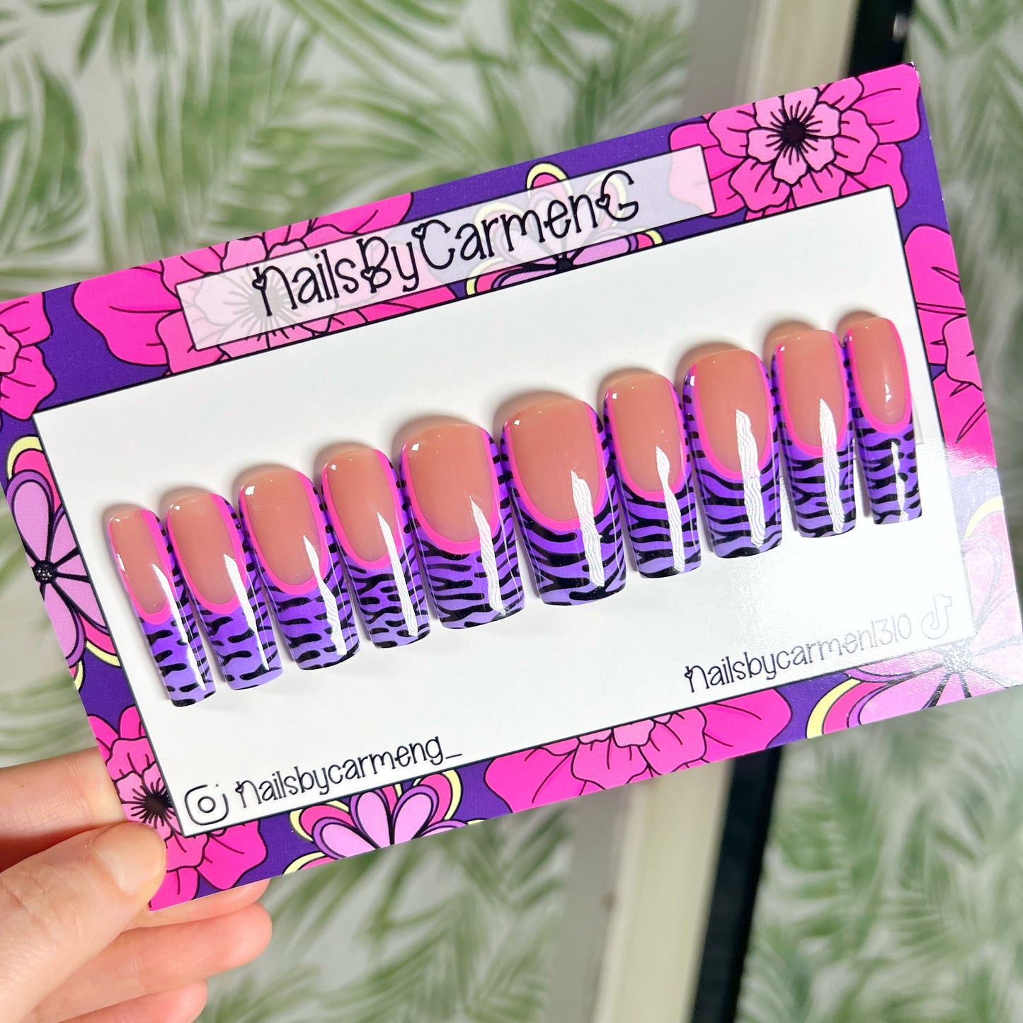 Purple ombré zebra print French tip Acrylic Press on nails