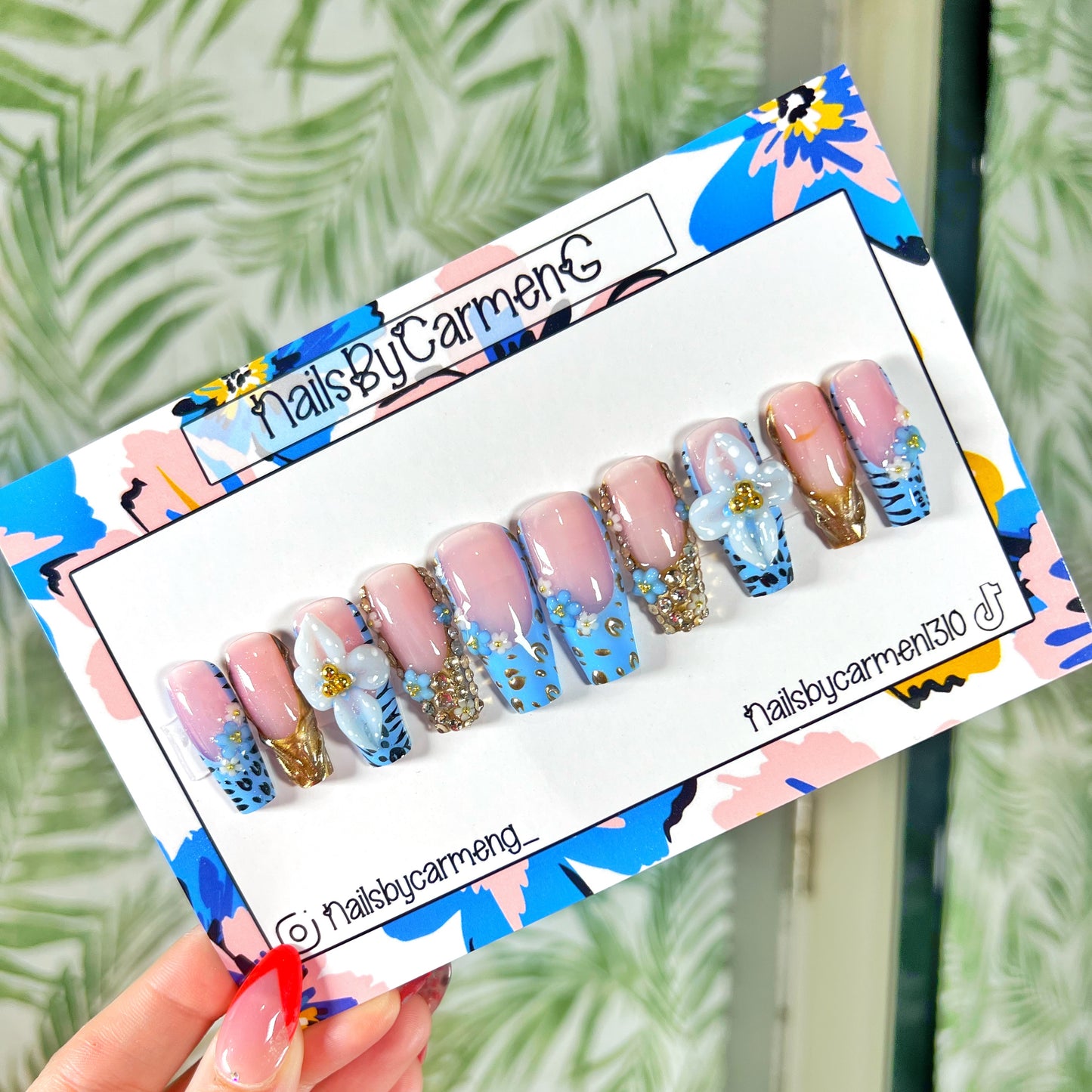 3D blue and gold flower Acrylic Press on nails