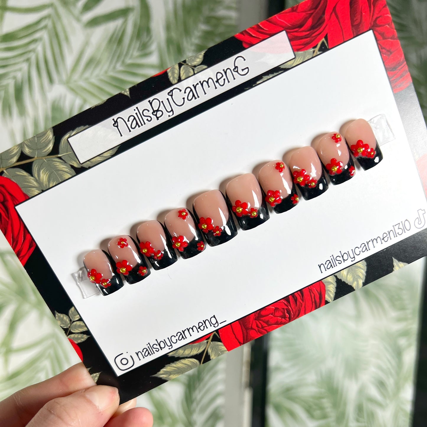 Black and Red Flower Charms Acrylic Press on nails