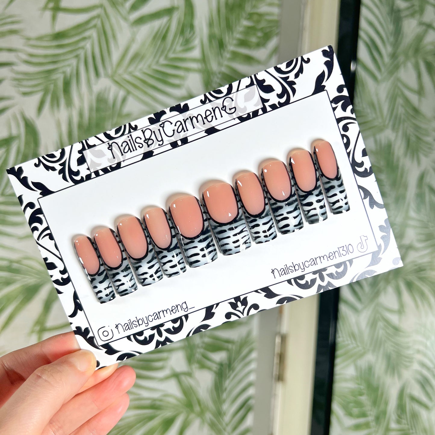 Grey zebra print French Tip Acrylic Press on nails
