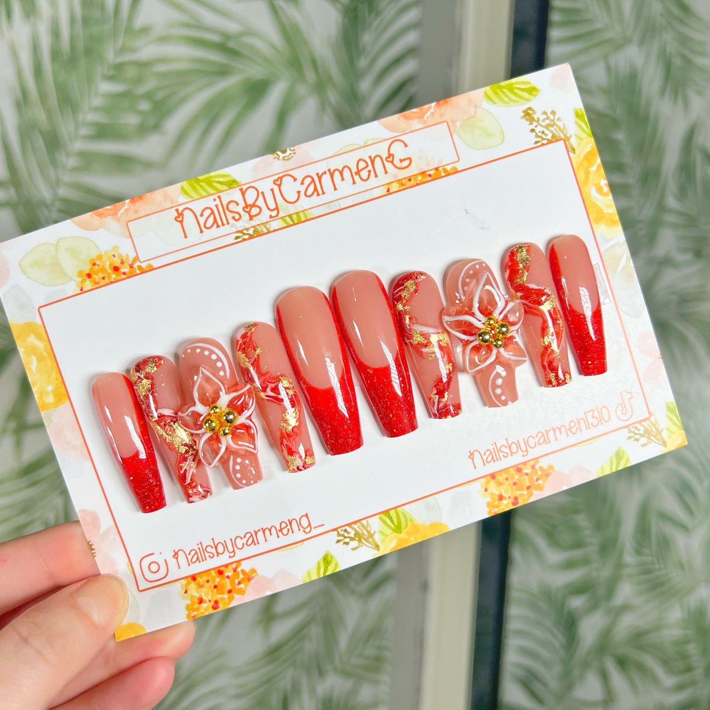 Red glitter 3D flower Acrylic Press on nails