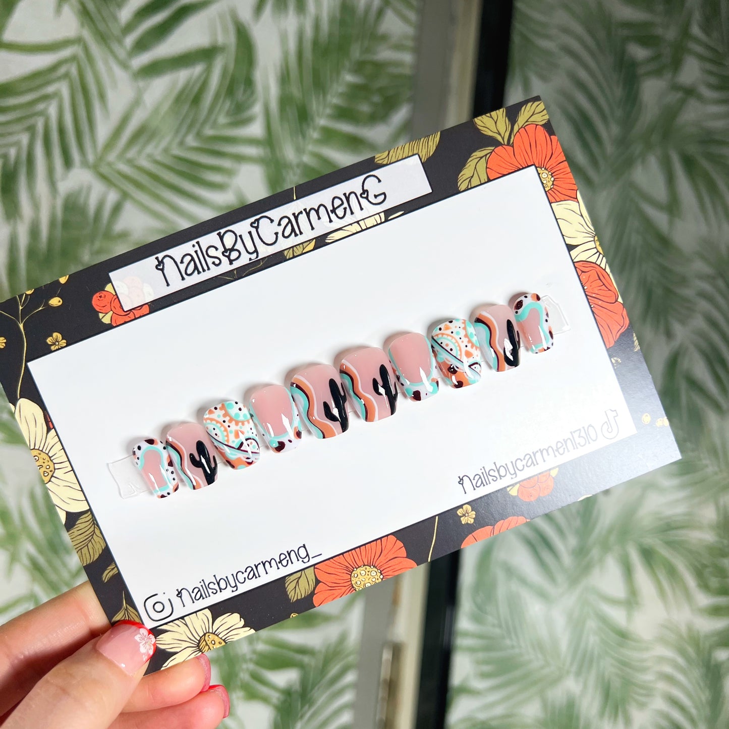 Teal Western cactus Acrylic Press on nails