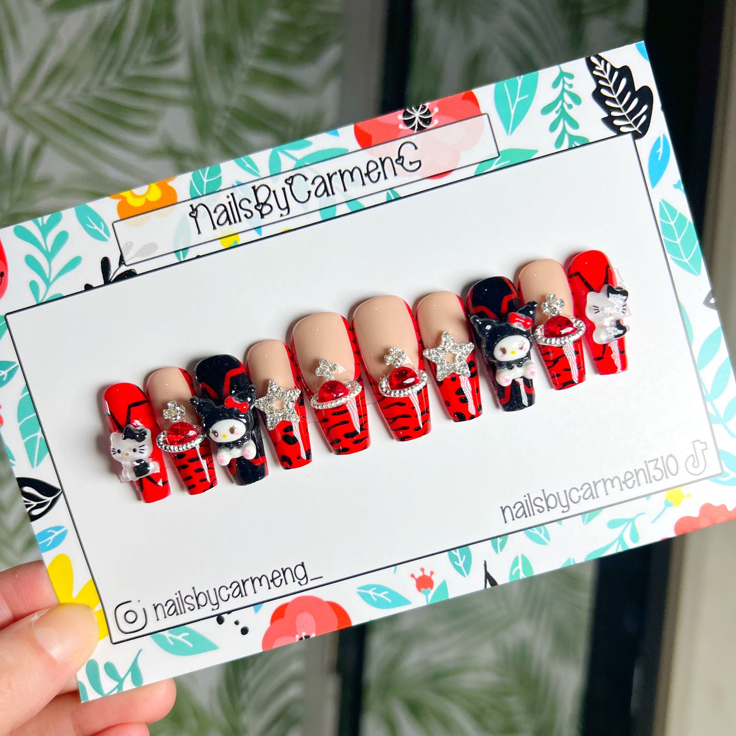 Red French tip with charms Acrylic Press on nails