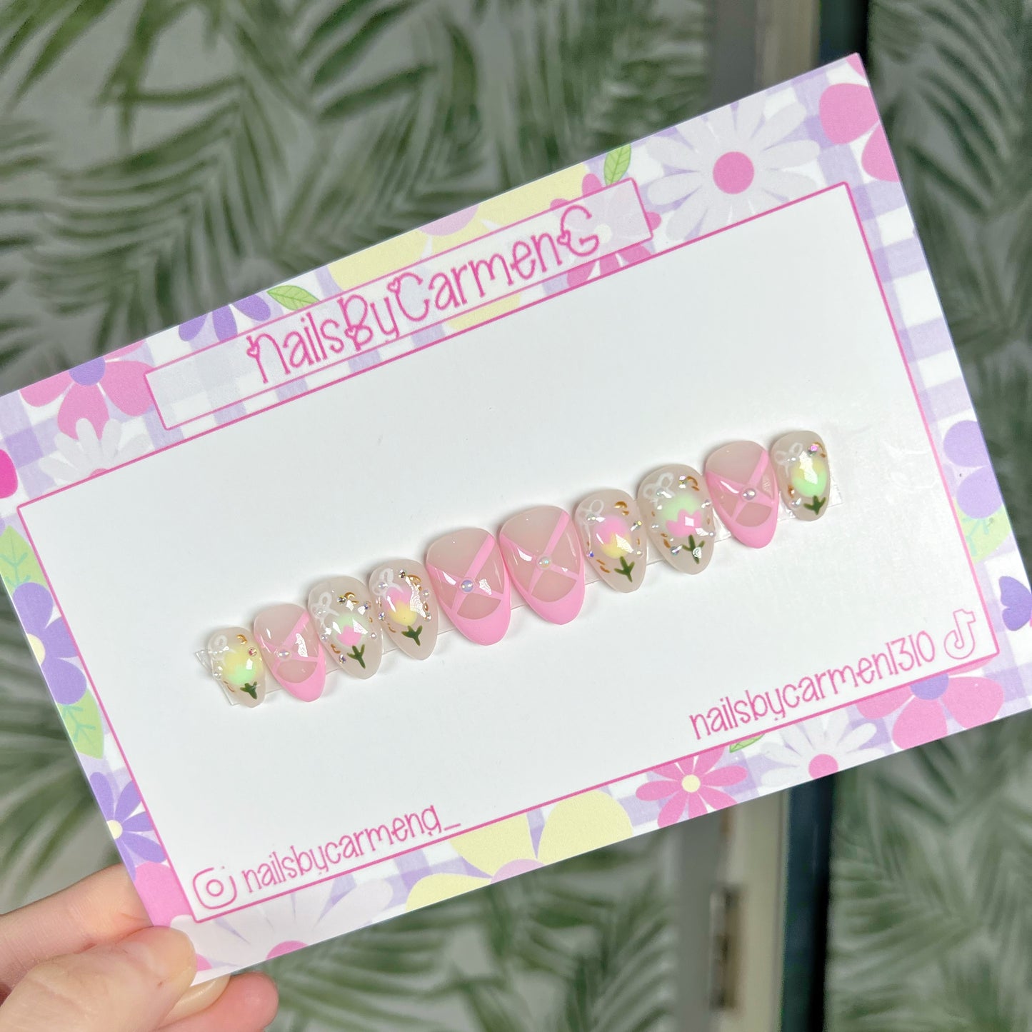Pink Ballerina French tip and tulips Acrylic Press on nails