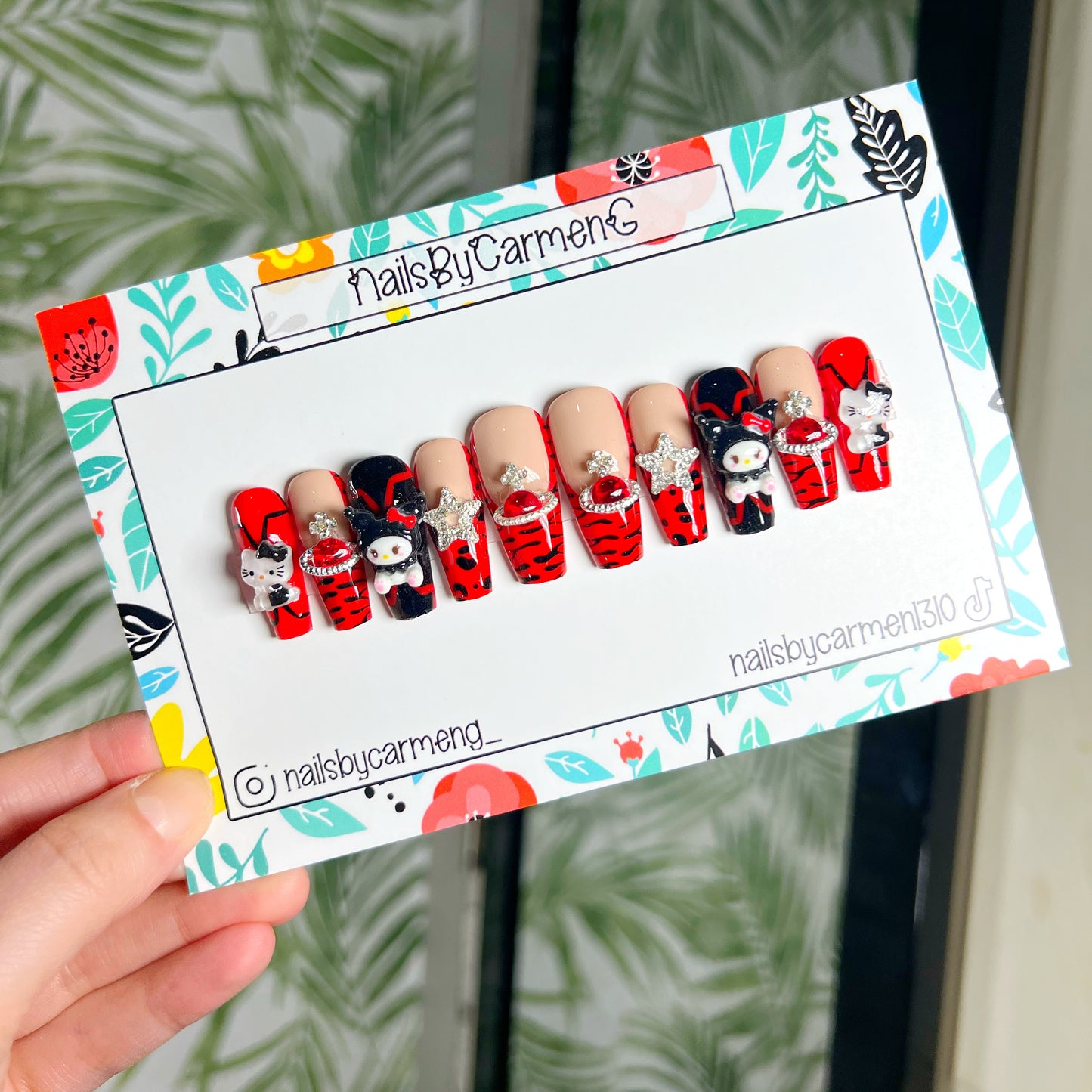 Red French tip with charms Acrylic Press on nails