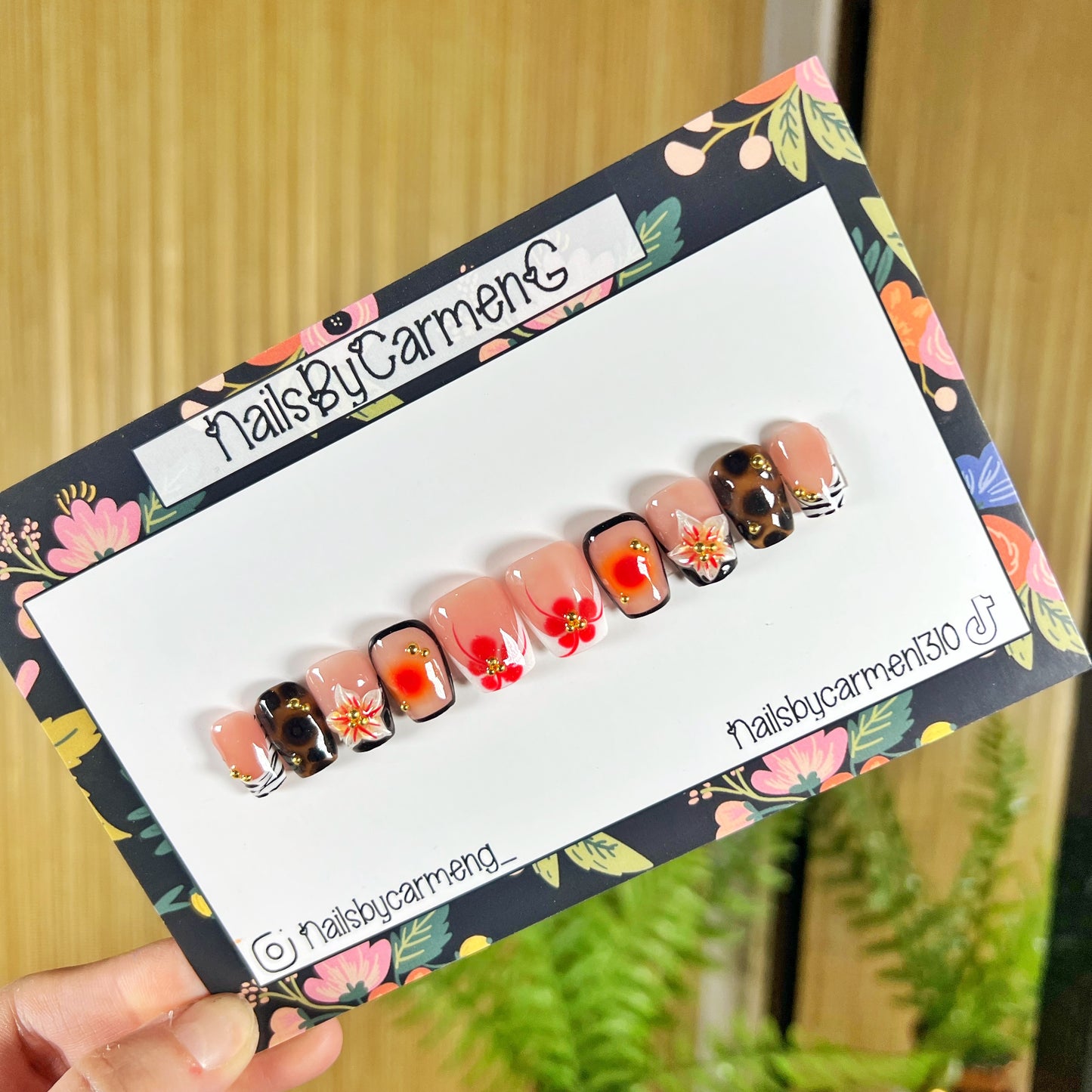 Red floral tortoise Acrylic Press on nails