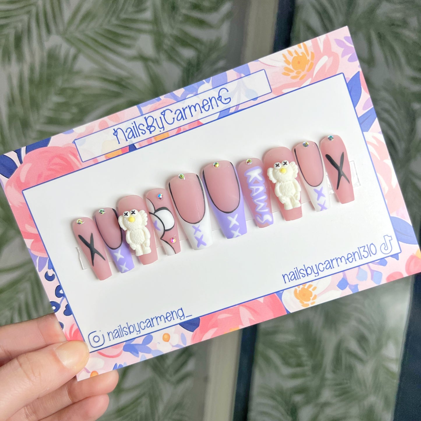Purple and white Kaws charms Acrylic Press on nails