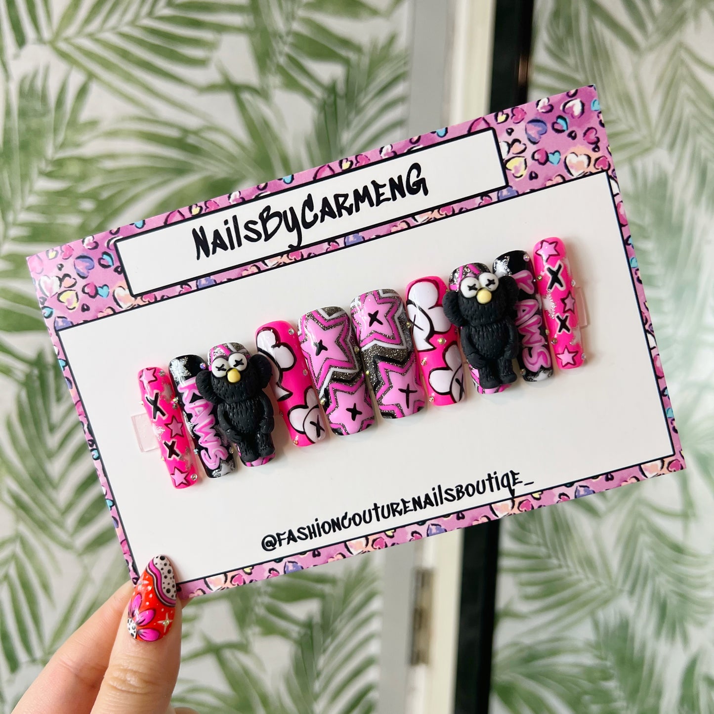 Black and pink Kaws charms Acrylic Press on nails