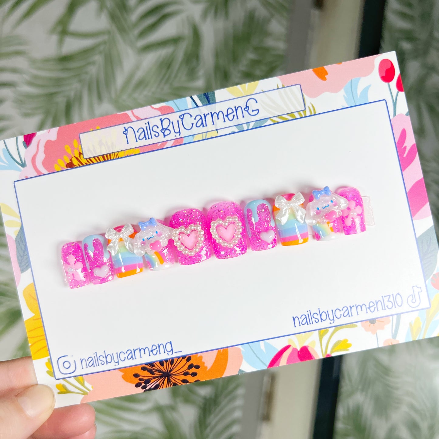 Cinnamo bows and pearls charms Acrylic Press on nails