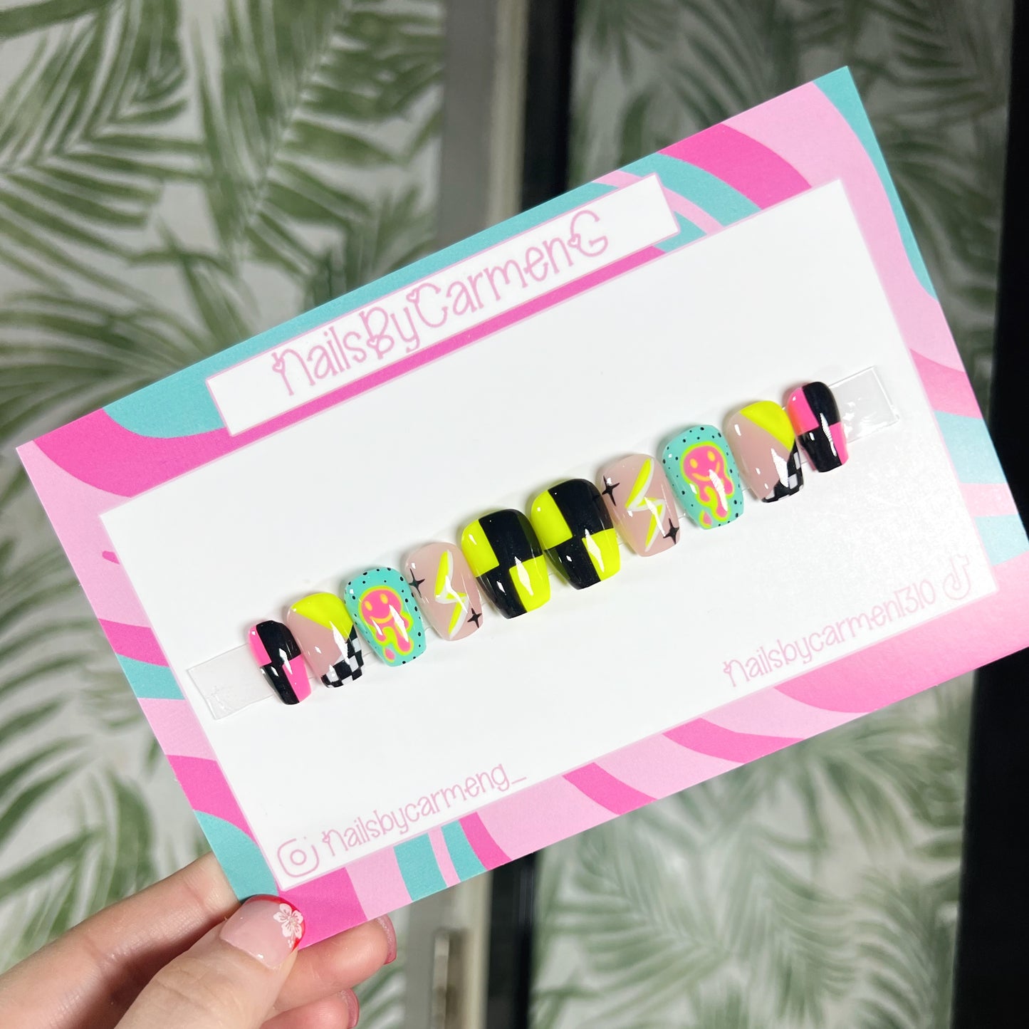 Neon yellow checkered smoke drip Acrylic Press on nails