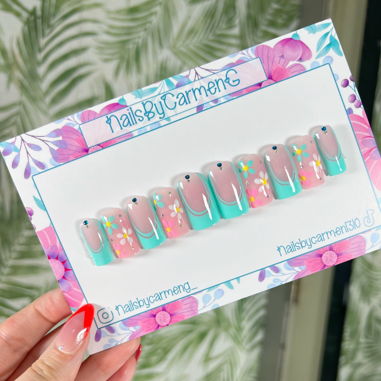 Teal flower french tip Acrylic Press on nails