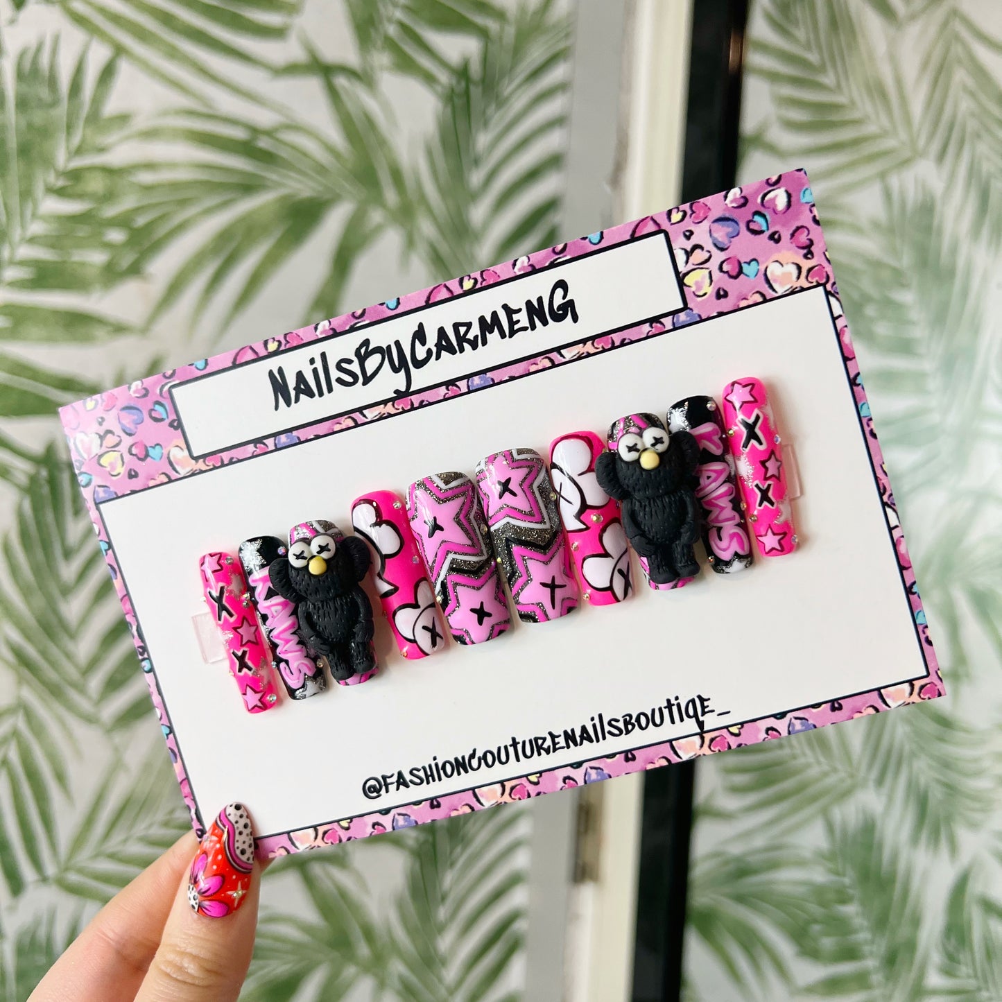 Black and pink Kaws charms Acrylic Press on nails