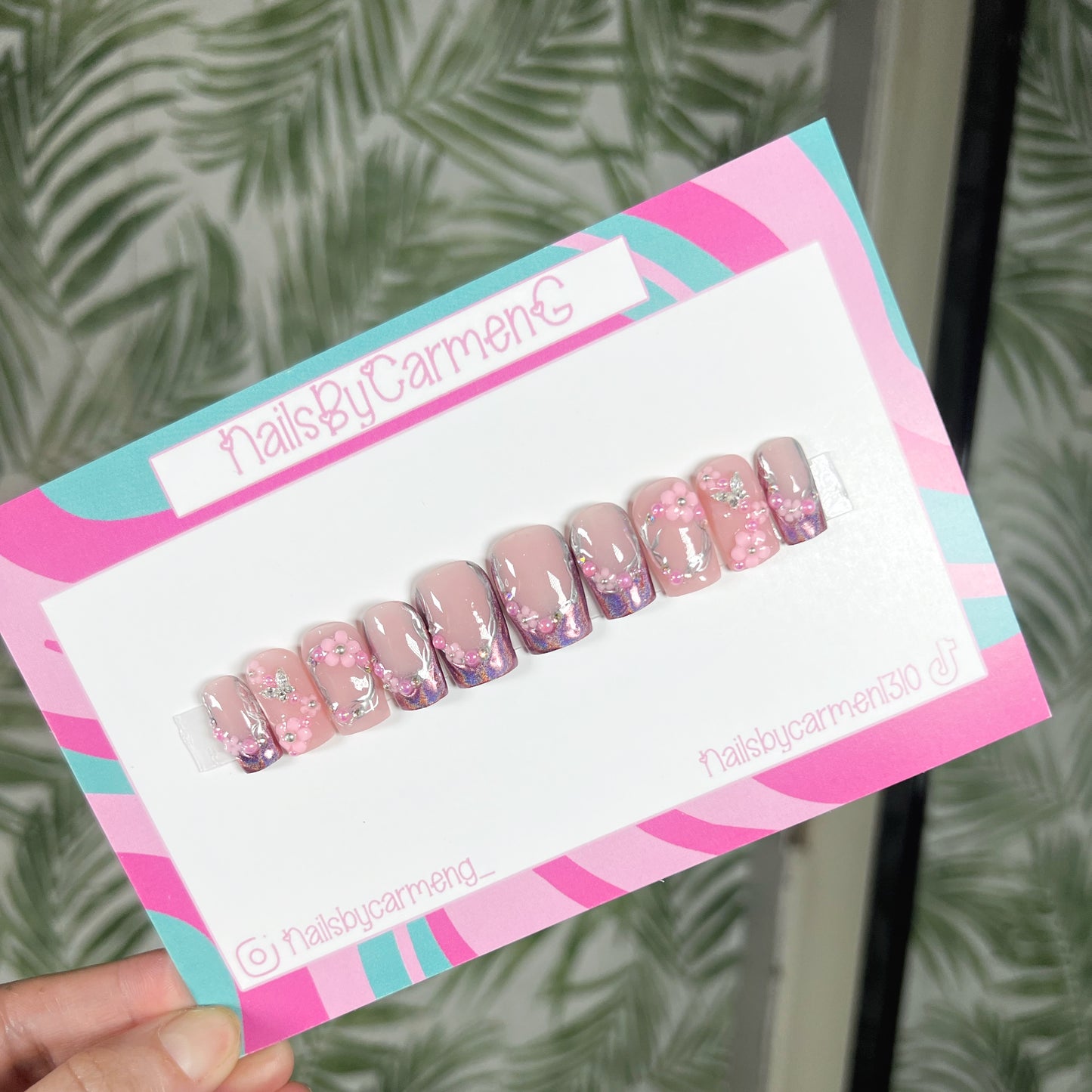 Pink holographic butterfly Acrylic Press on nails