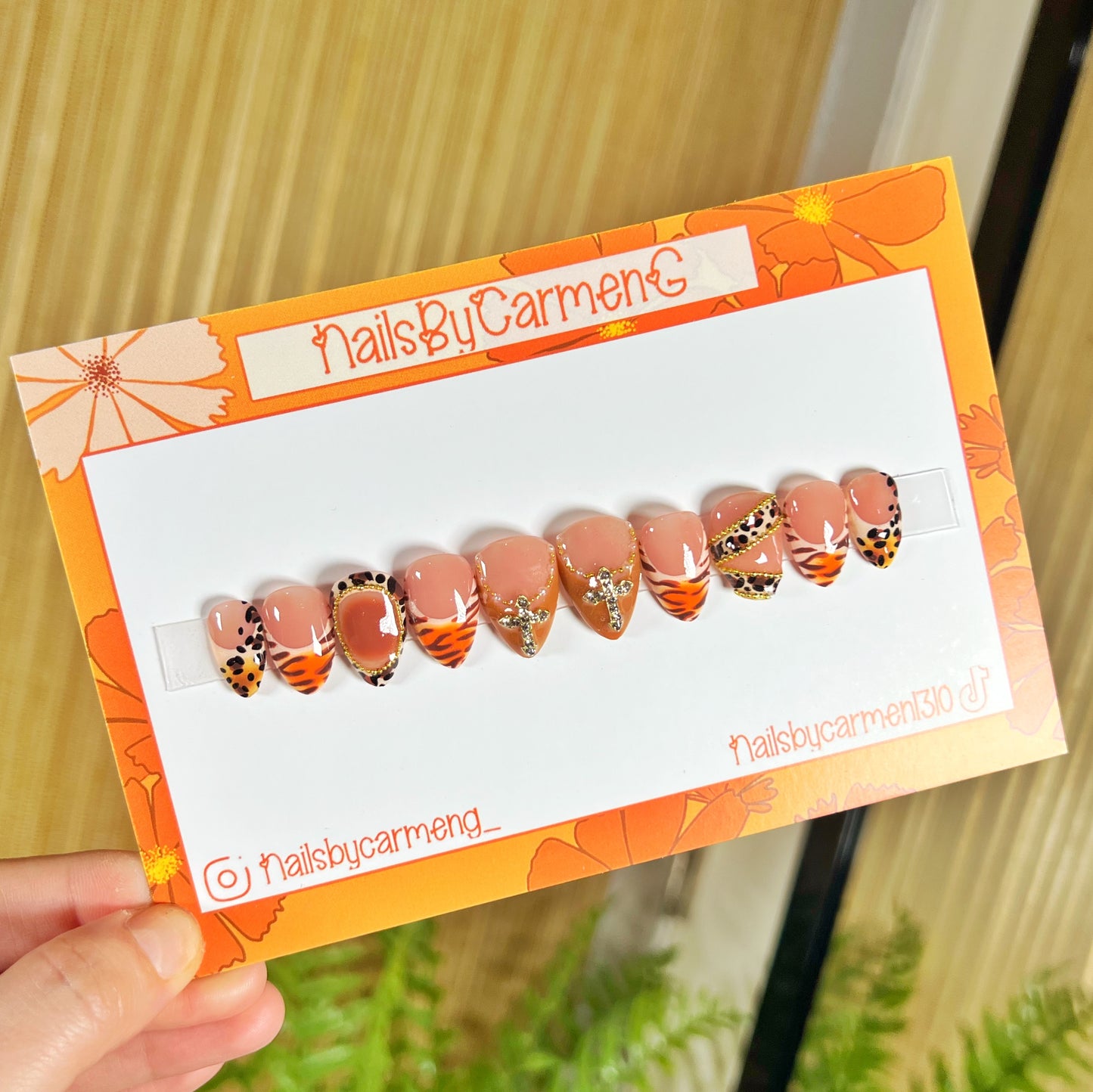 Orange cross animal print French tip Acrylic Press on nails