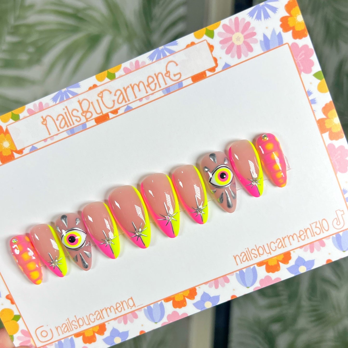Neon pink and yellow evil eye French tip Acrylic Press on nails