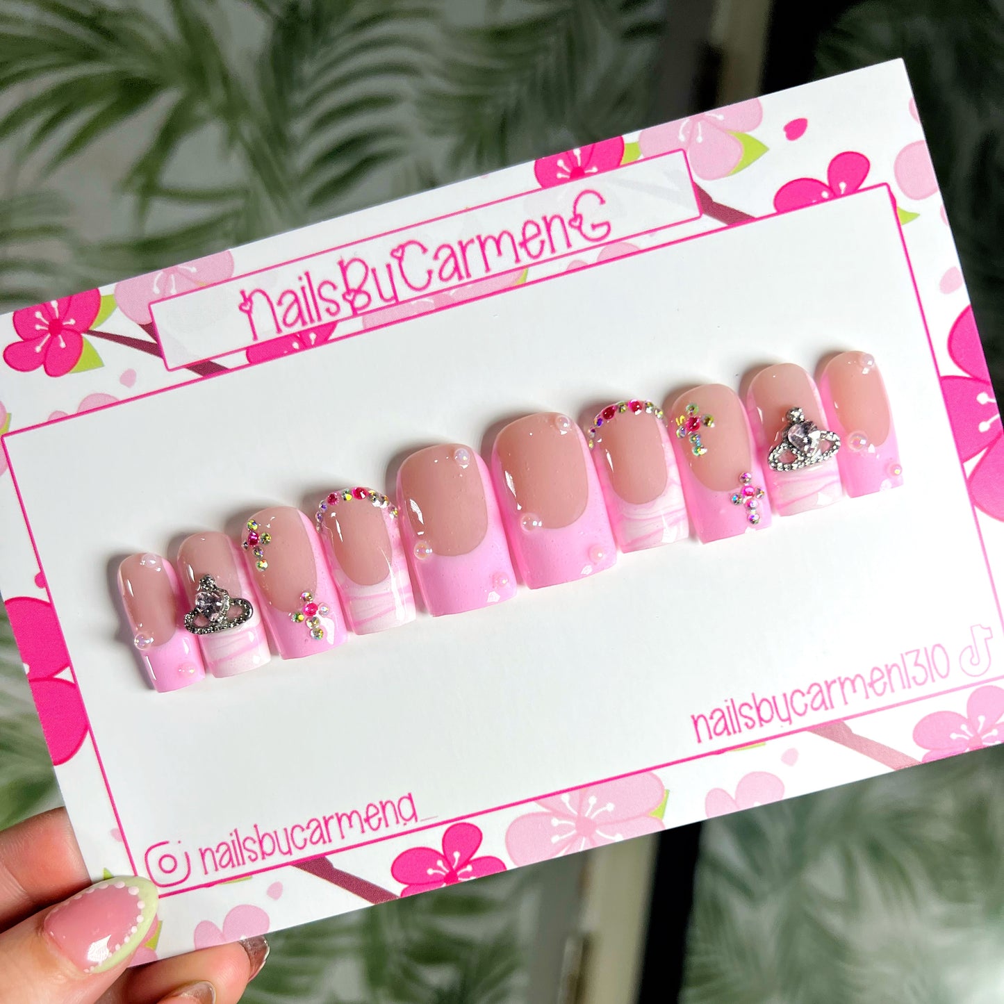 Pink galaxy French tip Acrylic Press on nails