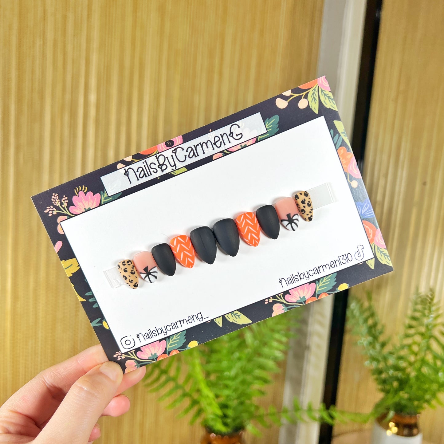 Pumpkin cheetah French tip Acrylic Press on nails