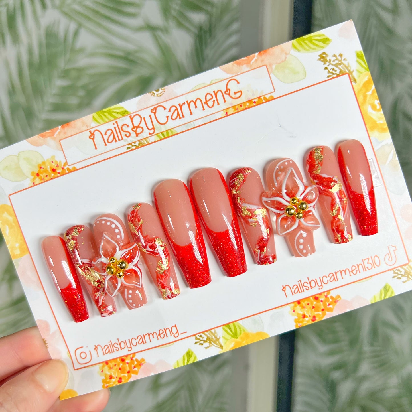 Red glitter 3D flower Acrylic Press on nails