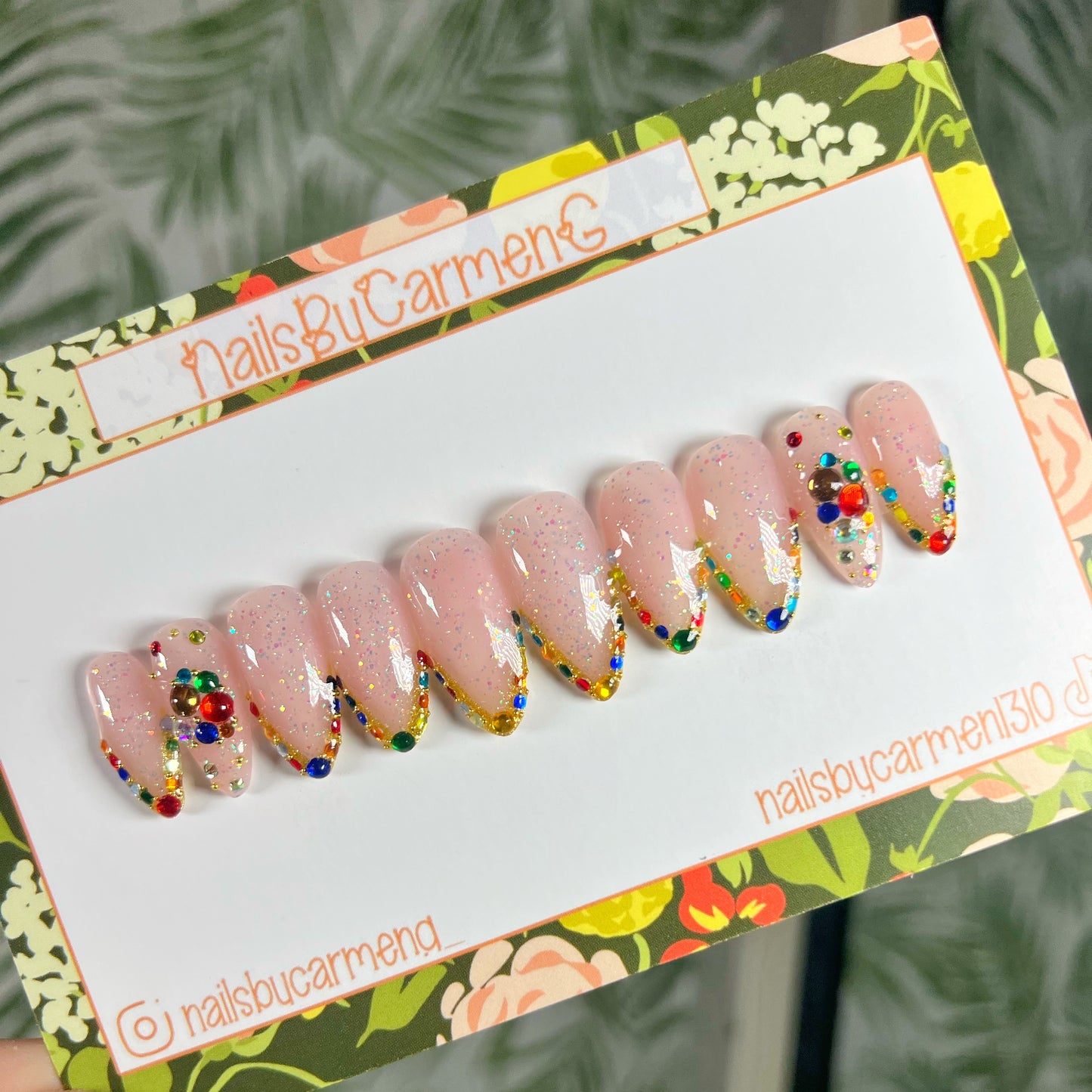 Colorful gold rhinestone French tip Acrylic Press on nails