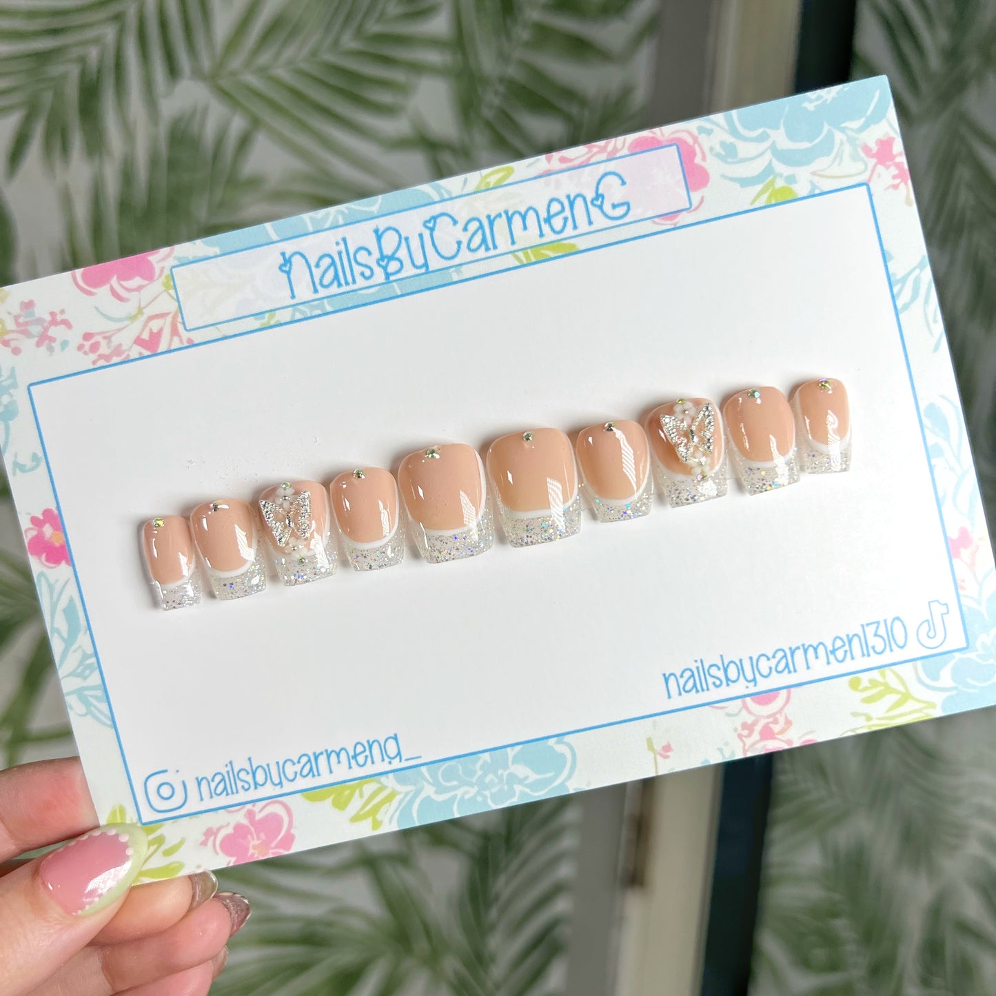 Holographic glitter French tip with butterfly charm Acrylic Press on nails