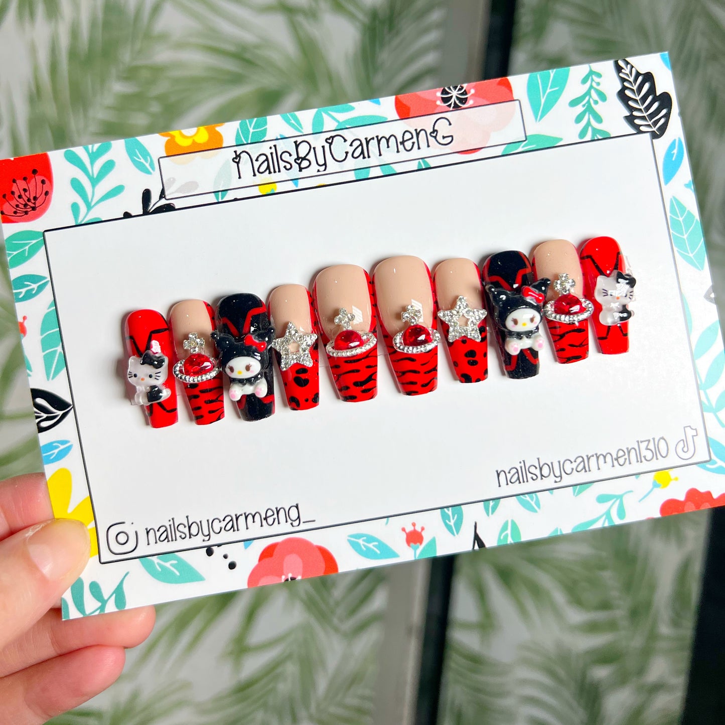 Red French tip with charms Acrylic Press on nails