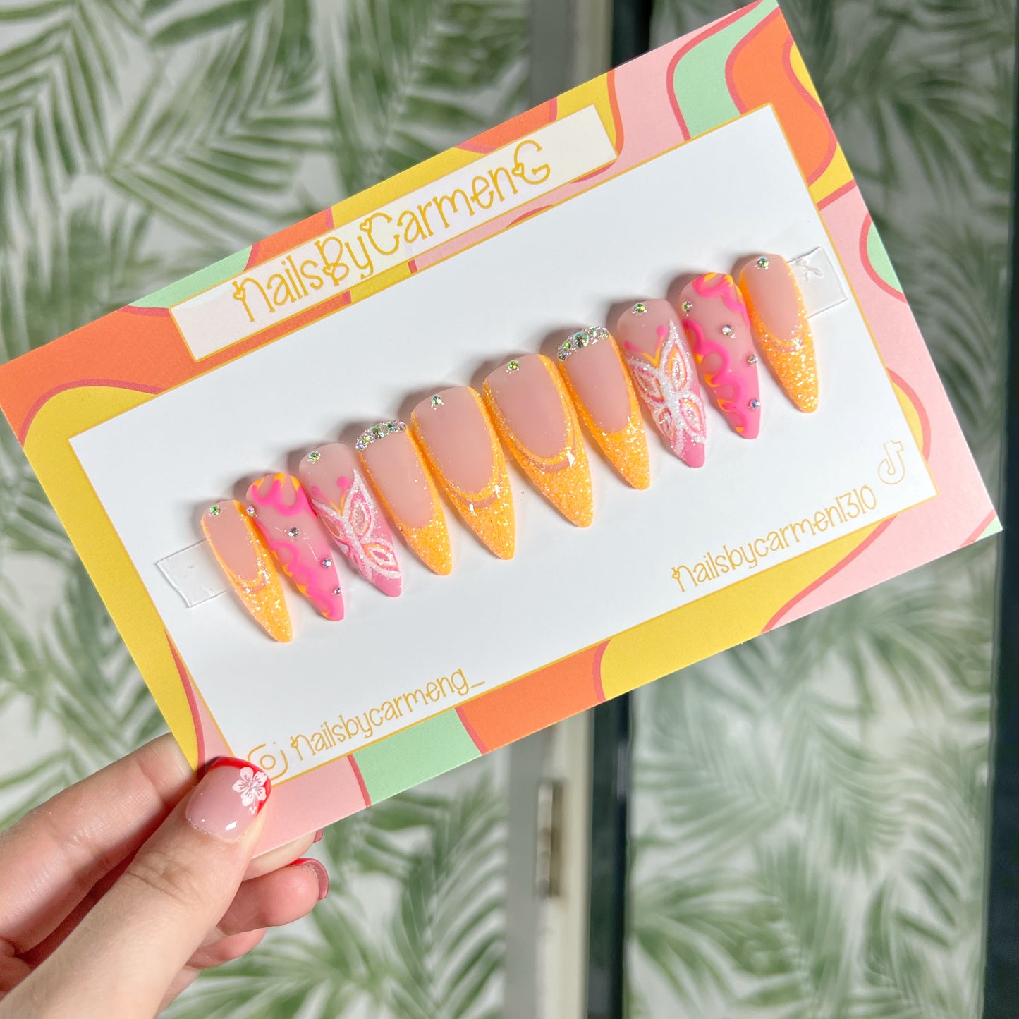 Pink and orange glitter butterfly Acrylic Press on nails