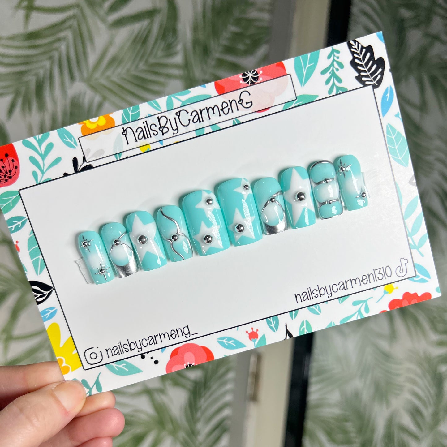 Teal Star Metallic Acrylic Press on nails