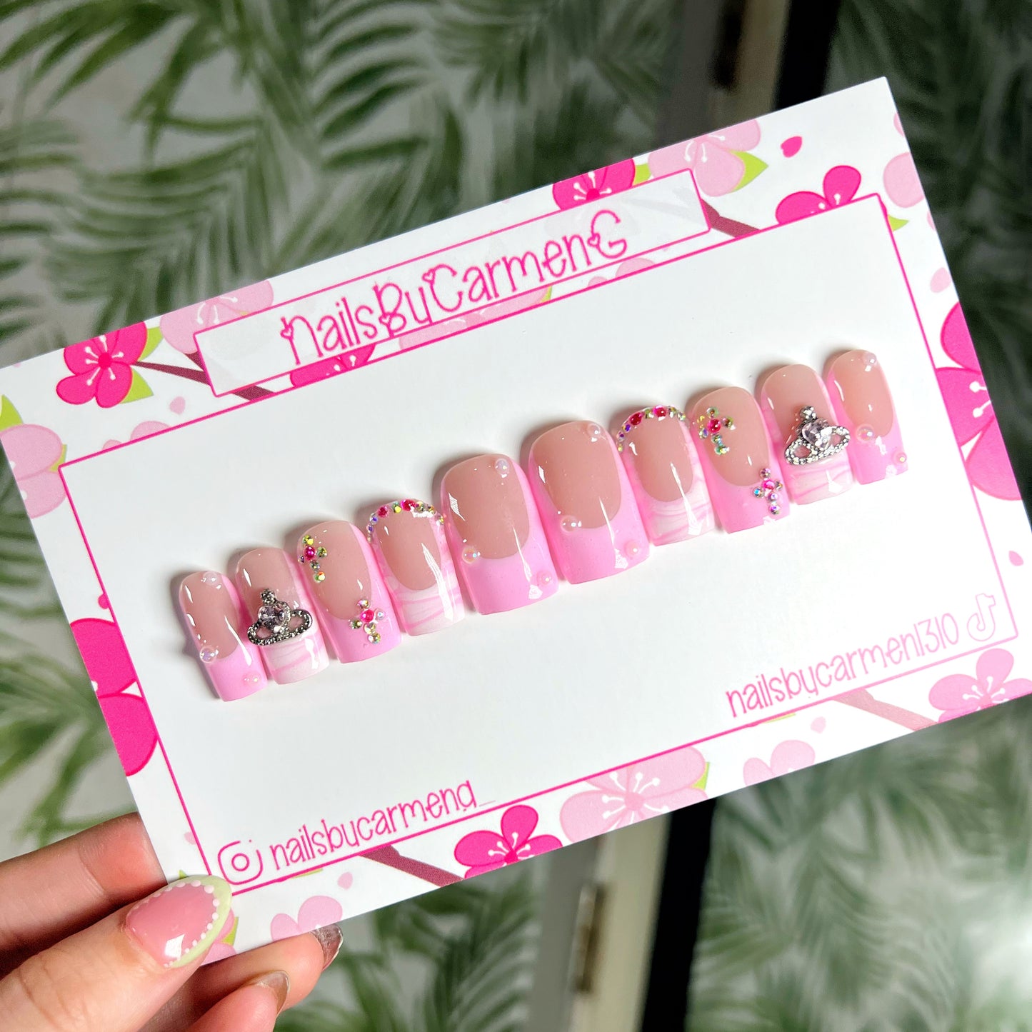 Pink galaxy French tip Acrylic Press on nails