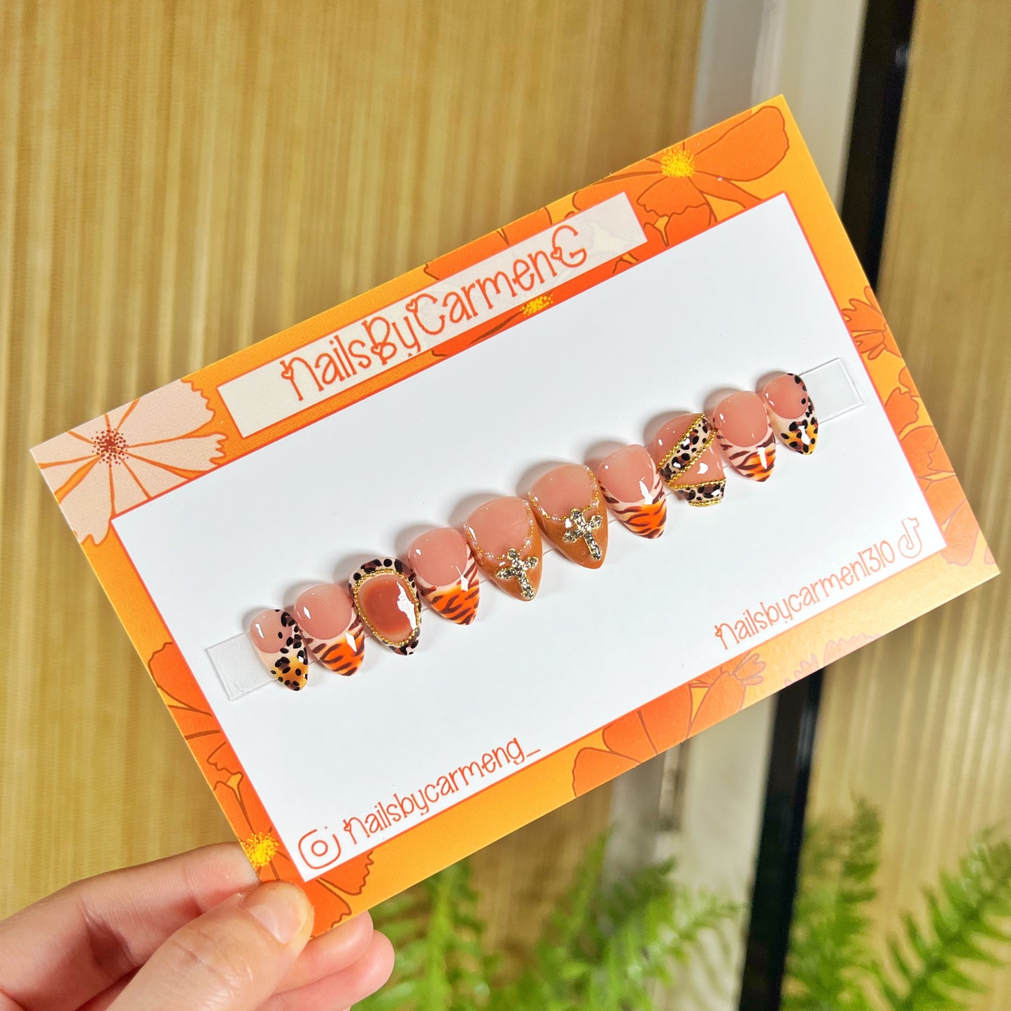 Orange cross animal print French tip Acrylic Press on nails
