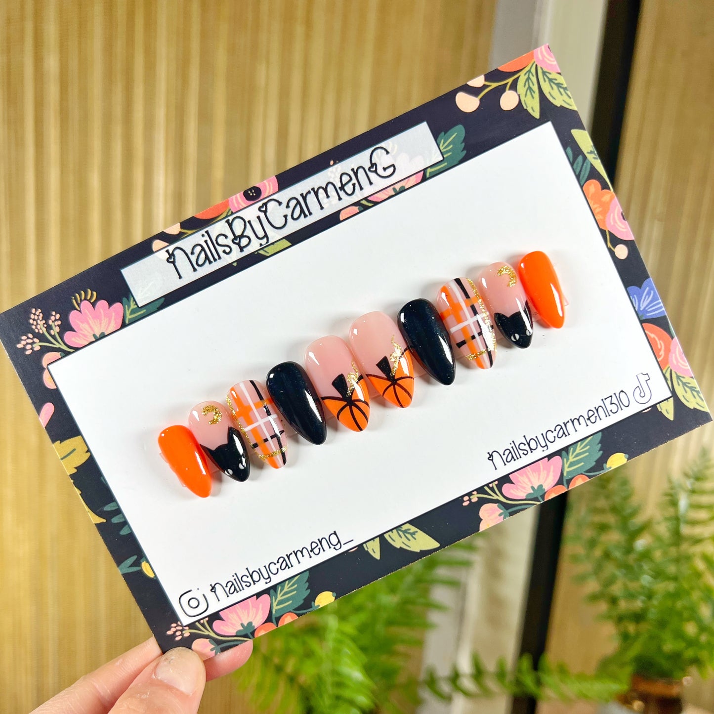 Pumpkin and cat French tip Acrylic Press on nails