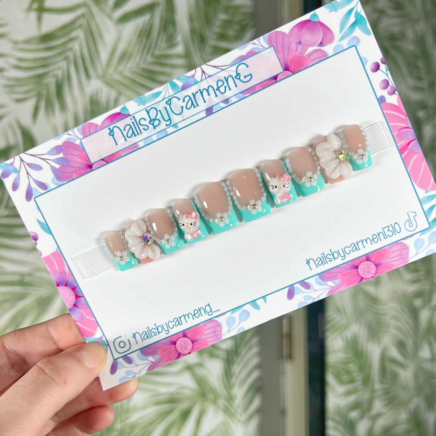 3D Teal Hello Kitty Acrylic Press on nails